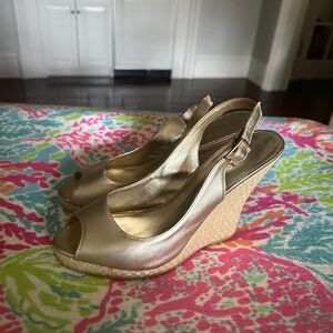 Lilly Pulitzer Gold Peep-Toe Wedge Slingback Heels